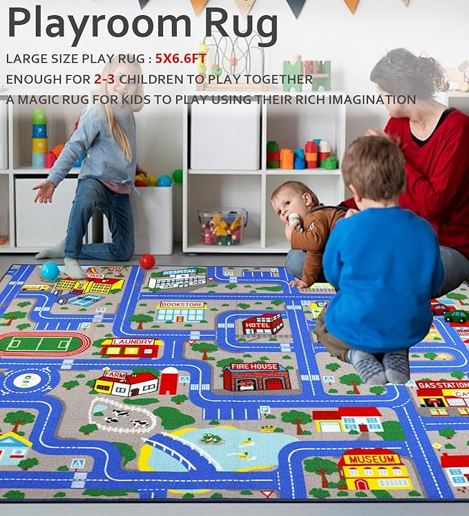 Educational Road Traffic Carpet Kids Carpet Playmat Car Rug Fun City Life Map Kids Car Rug Non Slip Play Carpet for Children Playroom Bedroom Classroom Decor (Blue, 5'0''x6'6'')