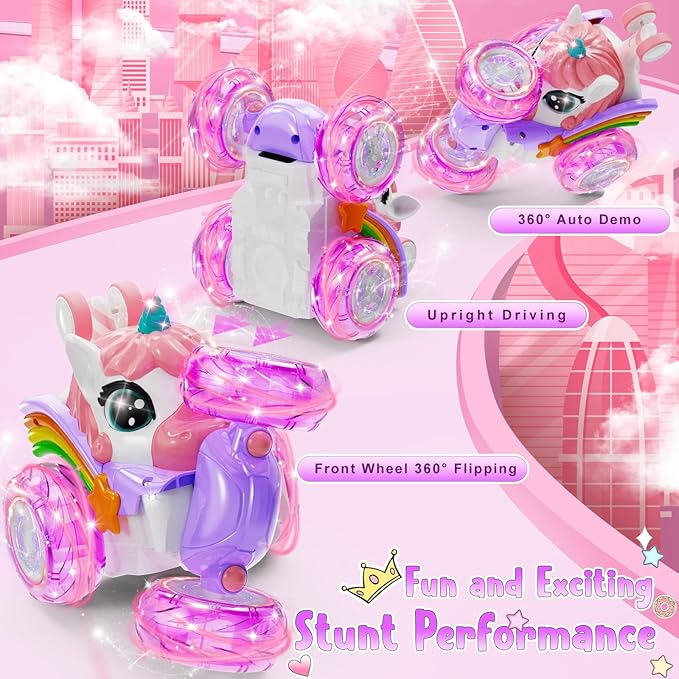 Unicorn Remote Control Car for Girls, 360° Rotating 4WD Stunt RC Cars with Cute Lights, Rechargeable Car Toys Birthday Gifts for Kids Girl Age 3 4-6 6-8
