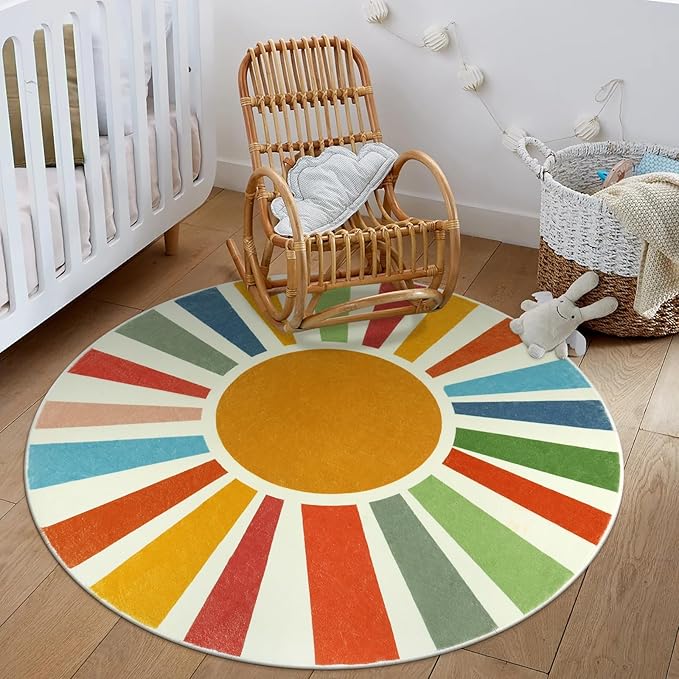 STARUIA Small Round Rug 4 Ft Washable Round Rug for Kids Room, Colorful Sun Circle Rug for Playroom, Non-Slip Circular Office Carpet Soft Rainbow Rug for Bedroom Reading Corner Dorm
