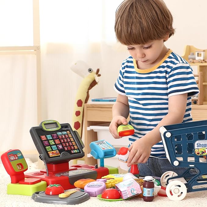 G.C Kids Cash Register Toy Pretend Play with Real Calculator Sound Scanner/Shopping Cart/Food/Play Money, Learning Counter Grocery Store Playset Toys Gift for Kid Boy Girl Age 3 4 5 6 7 8 Years Old