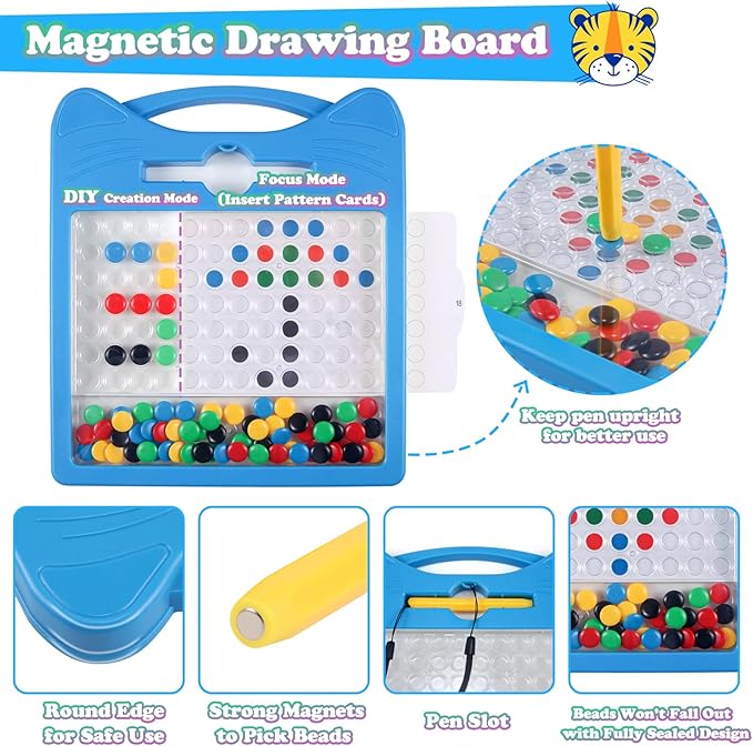 Magnetic Drawing Board for Kids, Toddler Magnet Doodle Board with Beads and 2 Pens, Magnetic Dot Art Toys, Airplane Car Travel Activities (Blue Cat)