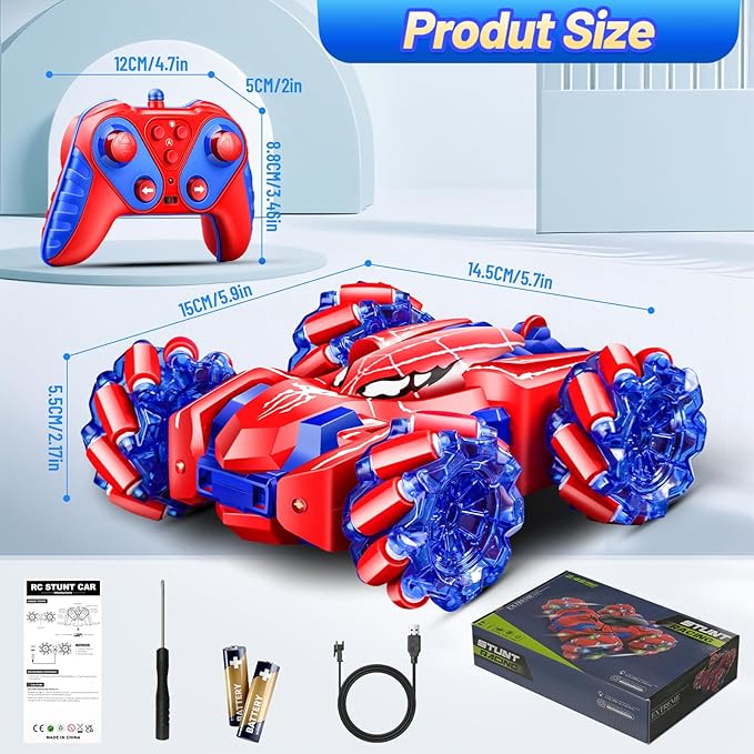 Remote Control Car for Kids - Spider 360° Flip Double-Sided RC Car, 4WD Rechargeable Drift Racing Toy with Strip Lights & Headlights - Birthday Gifts for Boys Girls Ages 4-12
