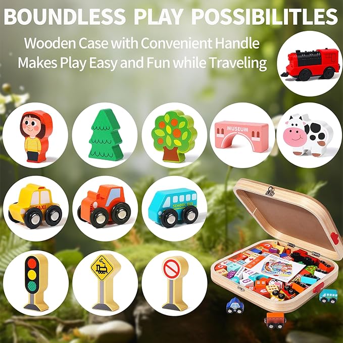 Wooden Take-Along Tabletop Railroad, Wooden Train Sets for Kids Ages 3+