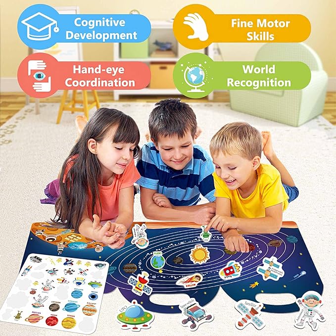 Reusable Sticker Books for Kids, Jelly Quiet Book, Preschool Learning Activities Busy Book for Toddler Travel Toys Waterproof Stickers for Kids 2 3 4 5 6 Year Old Girls Boys (Space)