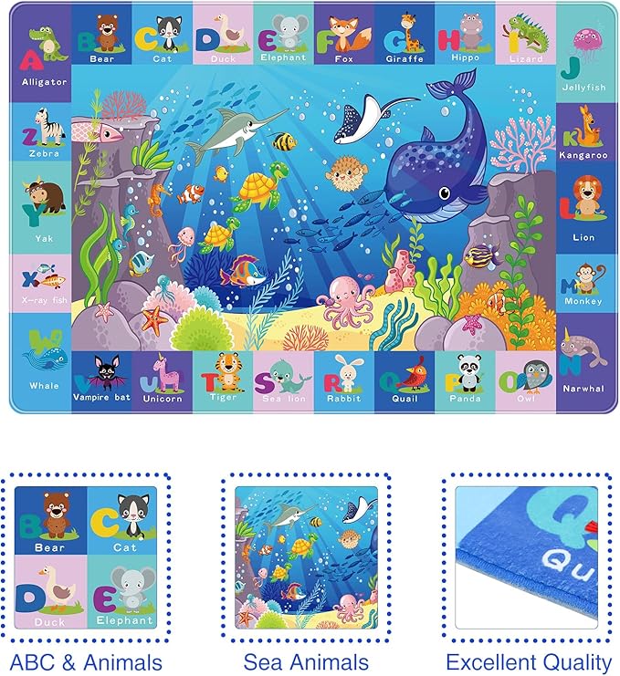 Baby Mat for Floor, Baby Kids Play Mat Rug, Playmat Baby Crawling Mat for Floor, Tummy Time Mat, Non-Toxic Non-Slip Foldable Kids Rugs for Playroom (Sea Animals, 59X39.4 INCH) Blue