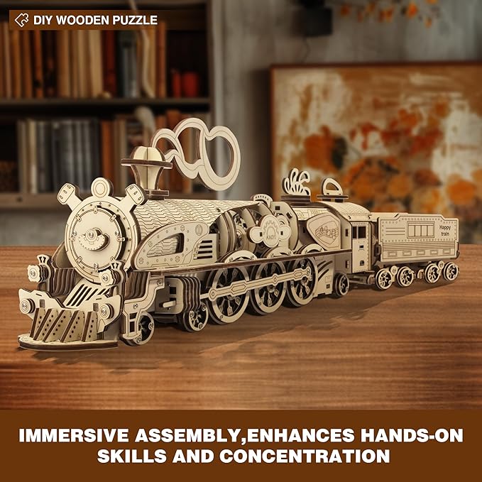 Fuiltee 3D Wooden Puzzles for Adults, DIY Mechanical Train Model Kit, Movable Model Train, Removable Carriages, Unique Gift for 14+ Teens and Adults (279Pcs)