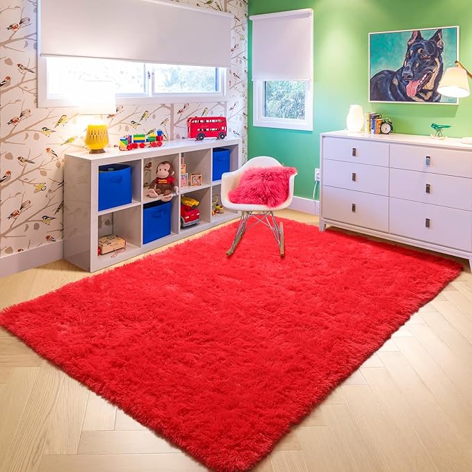 Amdrebio Red Area Rugs for Living Room Bedroom Decor, Red Carpet, Christmas Rug 5x8, Fluffy Shaggy Fuzzy Furry Throw Rugs for Kids Room Dorm Nursery Classroom, Shag Plush Rug for Teen Boys Playroom