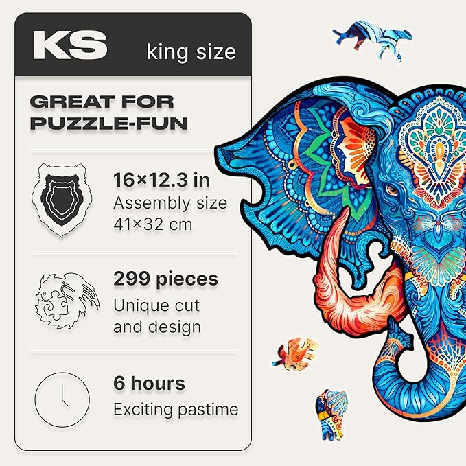 UNIDRAGON Original Wooden Jigsaw Puzzles - Eternal Elephant, 299 pcs, King Size 16"x12.3", Beautiful Gift Package, Unique Shape Best Gift for Adults and Kids