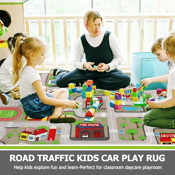 Capslpad Tan Car Road Kid Rug Carpet Playmat for Playoom Traffic Road Kids Play Mat for Toddler Non Slip Washable City Map Race Track Carpet Rug for Kids Room Playroom Classroom Decor,6.6'x9.8'