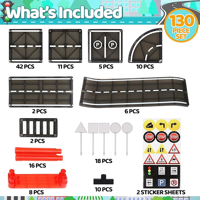 Playmags Magnetic Tiles Road Set for Kids - 130-Pieces Magnet Building Blocks Toy - Durable Creative STEM Learning Toys with Curved & Straight Car Race Track for Kids Ages 3+