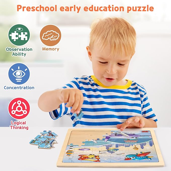 SYNARRY Wooden Vehicle Puzzles for Kids Ages 4-6, 6 Packs 60 PCs Jigsaw Puzzles Preschool Educational Toys Gifts for Children Ages 4-8, Kids Toys Gifts for 4+ Year Olds Boys Girls