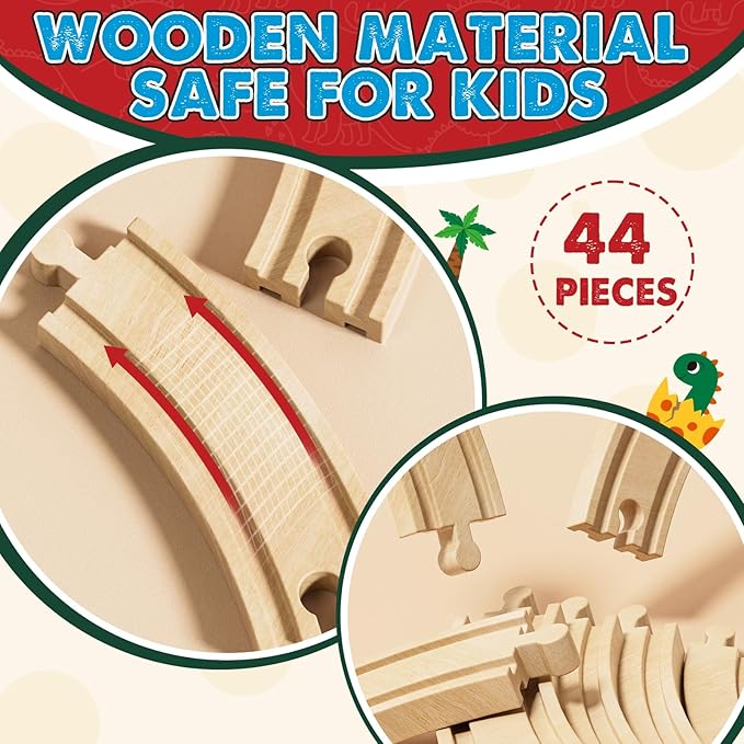 Lehoo Castle Wooden Train Set, Dinosaur Wooden Train Track Set, Wood Toy Train Set for Toddlers 2-4, Train Toys for Toddlers 3-5, Fits Thomas, Fits Brio, Fits Melissa and Doug