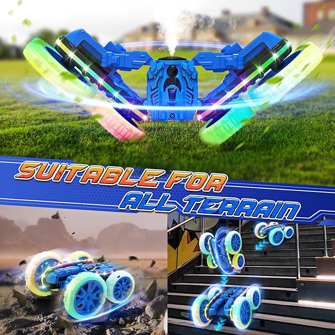 Remote Control Car,RC Cars with Sides Light and Headlights,360°Rotating 4WD Spray RC Stunt Car,2.4Ghz All Terrain Toy Car for Boys Age 4-7 Kids Toy for 8-12 Boys Girls Birthday Gift(Blue)
