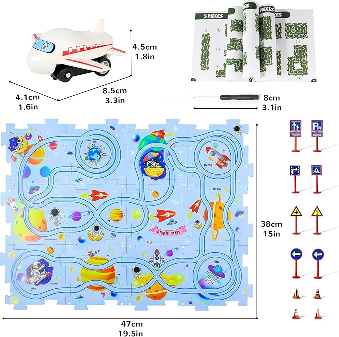 Plastic Floor Puzzles for Kids with Airplane Toy Car, Puzzle Track Car Play Set, Educational Toys for 2 3 4 5 6 Year Old Boys, 2 3 4 5 6 Year Old Boy Birthday Gift, Kids Toys Boys 3-5