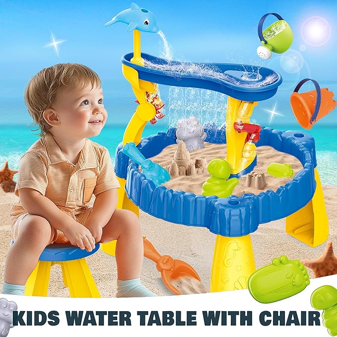 BELLOCHIDDO Water Table for Toddlers 1-2 - Summer Toys, 2-Tier Rain Showers Splash Pond for Outside Beach Backyard Summer, Activity Sensory Outdoor Play Table for Toddlers