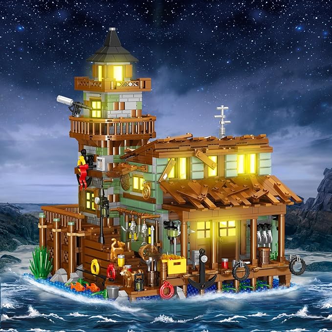 Fishing Village Store House Building Set with LED Light, 1881 PCS Wood Cabin Mini Building Block, STEM Architecture Toys Kit, Birthday Gift for Adults Ages 8-12+ Years（Not Compatible with Set ）