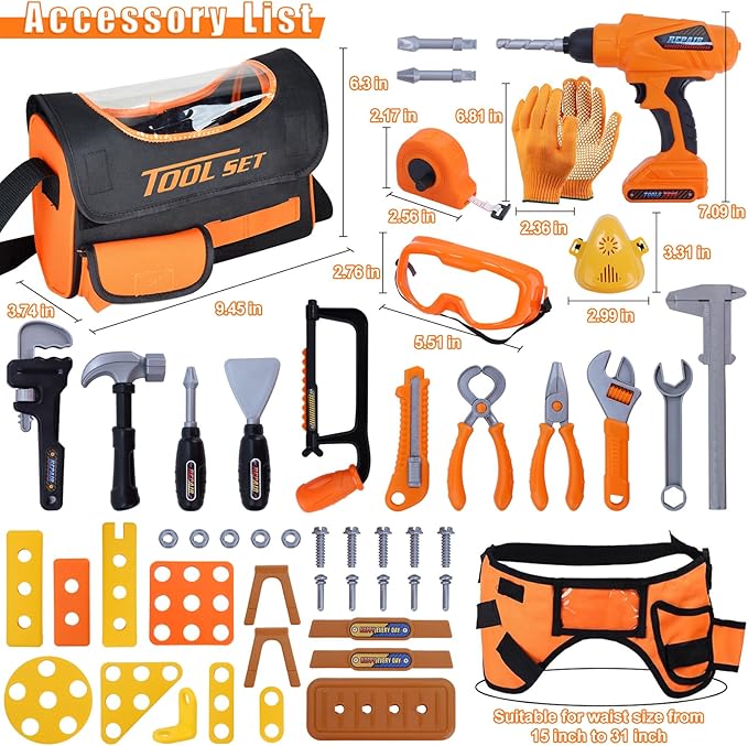 Magic4U 52PCS Toddler Tool Set with Electric Drill Toy & Kids Tape Measure, Pretend Play Construction Toys Costume with Kids Tool Belt, Toy Tool Bag for Boy Girls Age 3-8