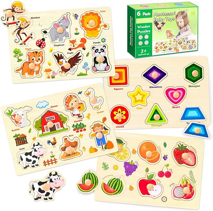Wooden Puzzles for Toddlers, 4 Pack Montessori Toys Preschool Learning Puzzles for Baby, Farm, Shapes, Animals, Fruits Wooden Peg Puzzles for Boys and Girls (4 Pack)