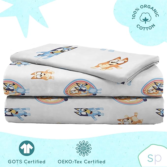 Saturday Park Bluey and Bingo Rainbow Clouds Twin Sheet Set - 3 Piece 100% Organic Cotton Sheets with Pillow Cover- GOTS & Oeko-TEX Certified