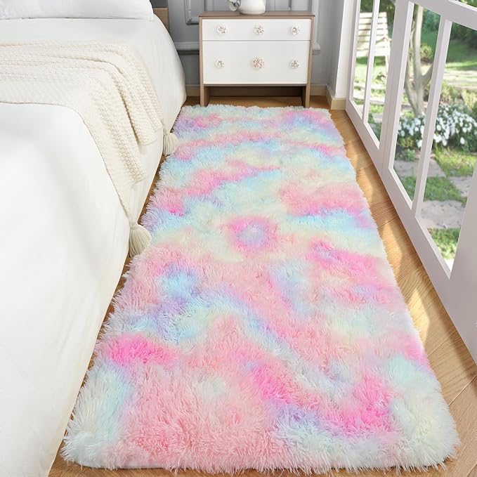 PAGISOFE Machine Washable Rainbow Runner Rugs for Girls Bedroom Hallway Plush Fluffy Rug 2x6 Ft, Soft Carpet for Living Room, Non-Slip Indoor Floor Rugs for Nursery Kids Girls Room Home Decor