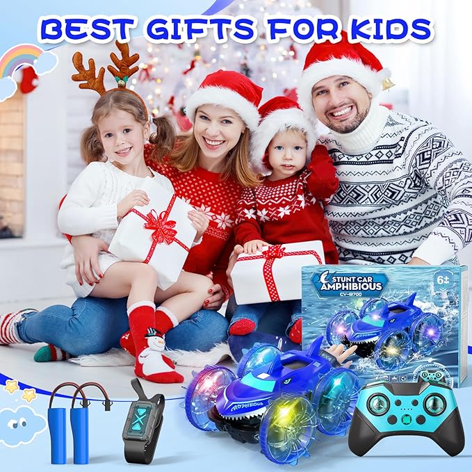 Axirata Amphibious RC Car with Lights for Kids 3-12 Year Old Boys Toy Gesture Hand Remote Control Boat 4WD 2.4GHz Waterproof RC Stunt Car 360° Rotating Water Beach Pool Toys Gift for Boys Girls