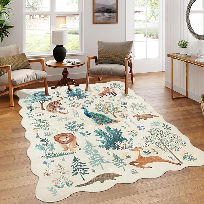 Lahome Jungle 6x9 Beige Rug, Washable Rug for Living Room Ultra-Thin Bedroom Rug Non Slip Big Dining Room Rugs, Neutral Print Indoor Low Pile Carpet for Nursery Office