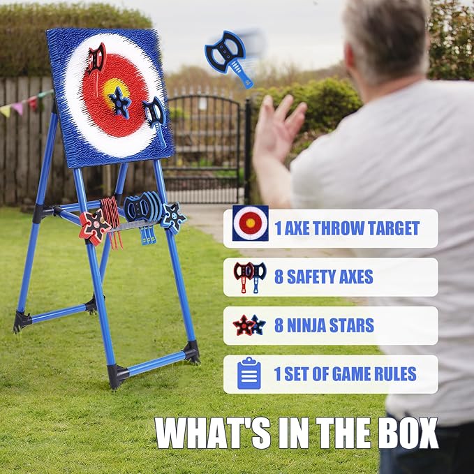 Axe Throwing Game for Backyard - 8 Throwing Axes Set - Deluxe Foldable Plastic Axe Throwing Target Game for Adults Kids, Outdoor Games Carnival Games
