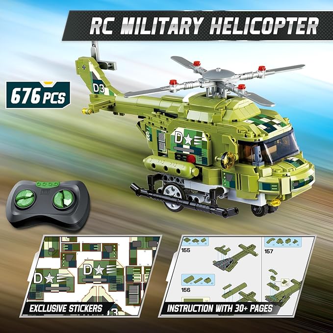 Wise Blocks 676 Pcs Building Blocks Remote Control Car, Building Toys for Boys Age 8-12, STEM Toys Construction Sets, RC Cars Boy Toys Birthday Gifts for Kids Age 8+, RC Military Helicopter