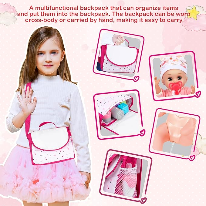 Baby Doll Care Set, Baby Doll Feeding Playset 20Pcs, Realistic Pretend Play Baby Dolls, Incl Baby Care Bag, Milk Bottle, Pacifier, Diaper, Clothes, B-day Gifts for Age 3 4 5 6+ Year Old Girls Kids