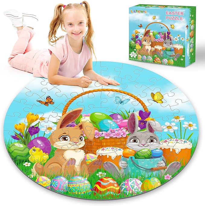 70pcs Easter Floor Puzzles for Kids Age 3-8, Easter Basket Stuffer Gifts for Kids Boy Girls Jumbo Bunny Puzzles Egg Hunt Party Favors