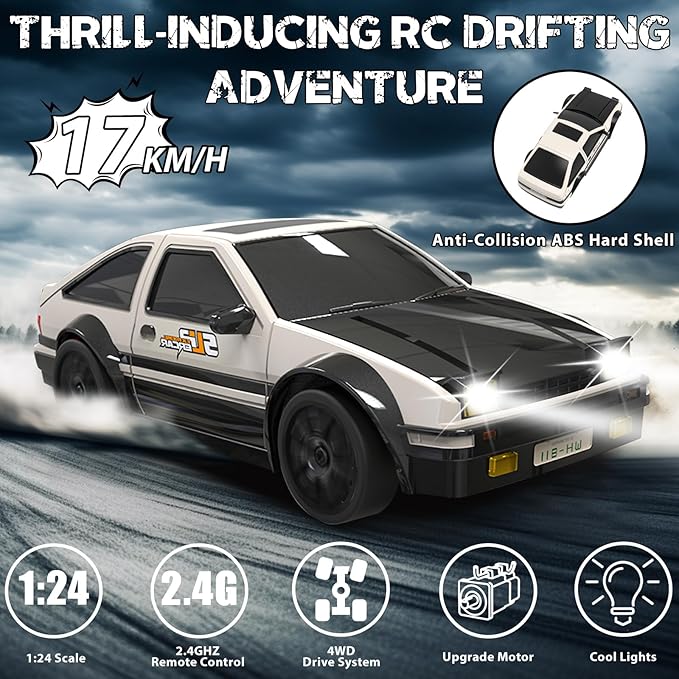 RC Drift Car, 1/24 Remote Control Car, 2.4Ghz 17KM/H High Speed RC Cars with LED Lights, Extra Tires, 2 Rechargeable Batteries, 4WD Racing Car Toys Christmas Birthday Gift for Kids Boys Girls Adults