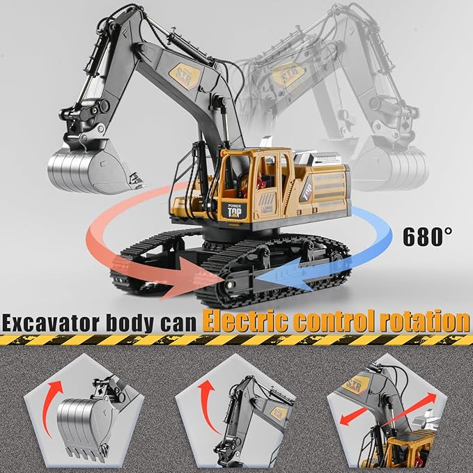 Remote Control Excavator Toys for Boys,14 Channel RC Digger Construction Toys Tractor,Simulated Smoke, Sound, Lighting, Metal Digging Head, for Boys 6 7 8 9 10 11 12