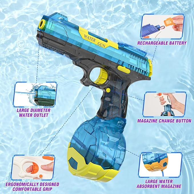 2 Pack Super Electric Water Guns, High Capacity, Long Range Up to 25-32ft, Powerful Fully Automatic 'Unlimited Bullets' Water Gun for Connecting Pool, Ultimate Summer Outdoor Water Battle Fun