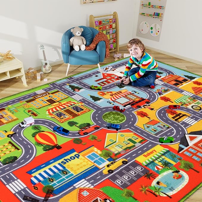 Kids Rug Car Carpet Play Mat, Non-Slip Traffic Road Rug for Kids, Extra City Map Educational Mat for Playroom Boys Bedroom Classroom (59X39.4 INCH, Four Season)