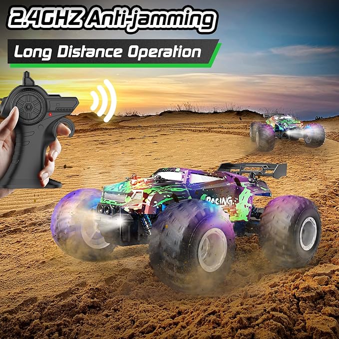 Remote Control Car, 1:18 Scale All Terrain RC Cars, 2WD 20Km/h with Colorful LedLight and Two Rechargeable Batteries, Remote Control Monster Truck Off Road Racing Car Toys for Kids and Boys