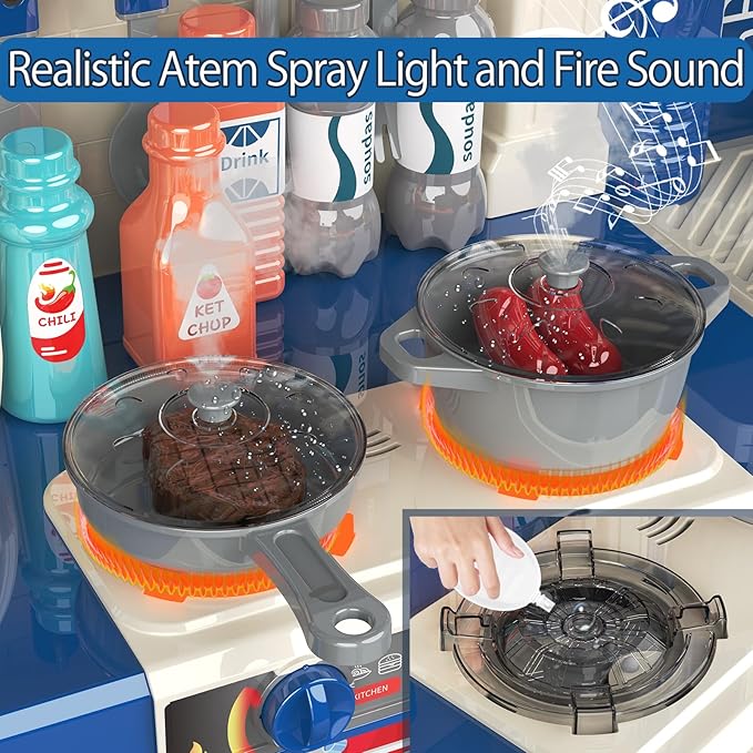 Kids Kitchen playset, Play Kitchen for Kids Ages 4-8, Accessories Set with Realistic Lights and Sounds, Simulation of Spray and Play Sink, Kitchen Set for Kids Ages 3-5 for Girls and Boys
