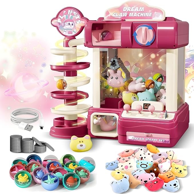 Large Claw Machine for Kids – Pink Dream Vending Machine Toy with Capsule Slide, Plush Toys, Lights & Music, Girls Claw Game Machine with USB & Coins, Birthday Gift for 6 7 9 10 12 Years Old