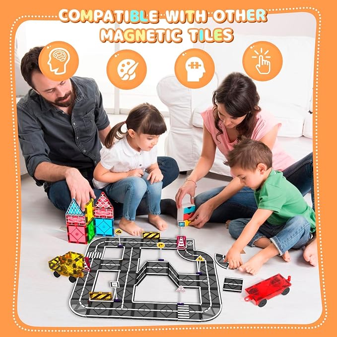 Magnetic Tiles Road Set, Magnetic Blocks Building Toys for 3+ Year Old Boys Girls, Magnet Construction Toys Preschool Educational Kids Magnet Tiles for Toddlers 3-5 4-8 (Magnetic Tiles Road Set)