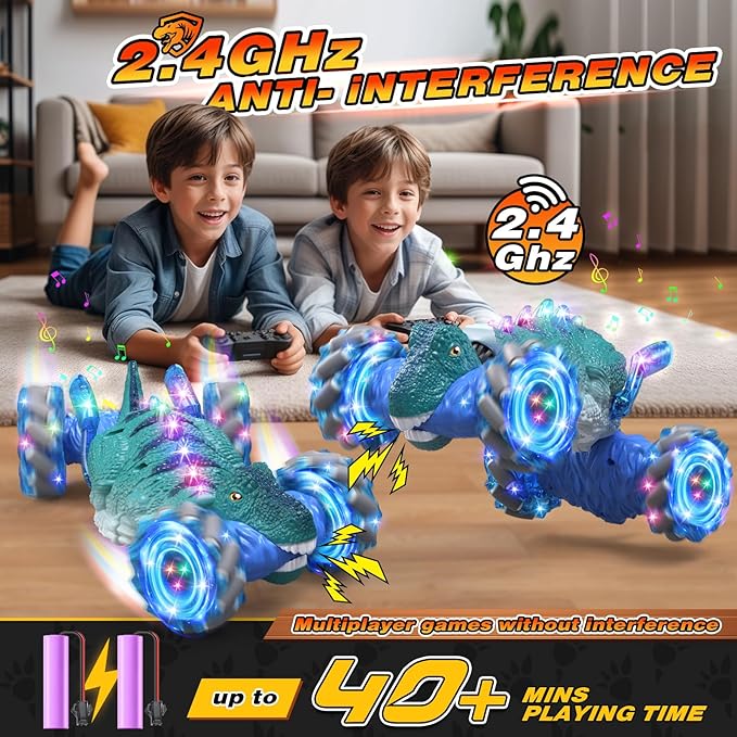Remote Control Car,Dinosaur Toys car for Kids,2.4GHz LED Gesture Sensing RC Car,4WD Rotation RC Stunt Car with Lights and Music,Dino Toys for Kids Ages 3 4 5 6 7 Gifts for Boys Girls(Blue)