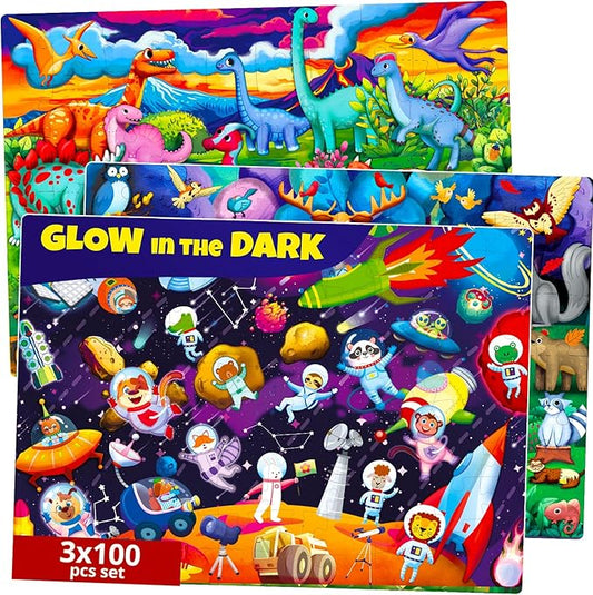 QUOKKA 3x100 Piece Puzzles for Kids Ages 6-8 – Glow-in-The-Dark Puzzles for Kids 8-10 | Space, Dinosaurs, Animals | Fun Educational Puzzle for Boys & Girls – Learning Games & Space Toys Gift for Kid