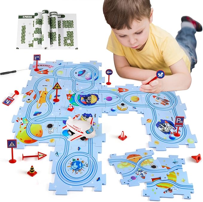 Plastic Floor Puzzles for Kids with Airplane Toy Car, Puzzle Track Car Play Set, Educational Toys for 2 3 4 5 6 Year Old Boys, 2 3 4 5 6 Year Old Boy Birthday Gift, Kids Toys Boys 3-5
