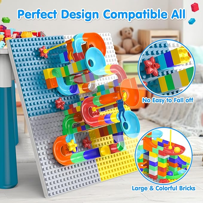 Toddlers Kids Table and Chair Set: Activity Table with 152Pcs Large Marble Run Building Blocks 4 Chairs Storage All in One Play Sensory Table Water Table Sand Table for Boys Girls 3-10 Year Old