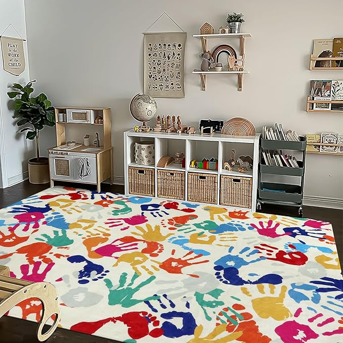 STARUIA Large Colorful Kids Rug 6x9 Ft, Non-Slip Washable Rugs for Classroom, Handprints and Footprints Rugs for Playroom, Soft Nursery Rug Indoor Play Mat for Kids Room Daycare School