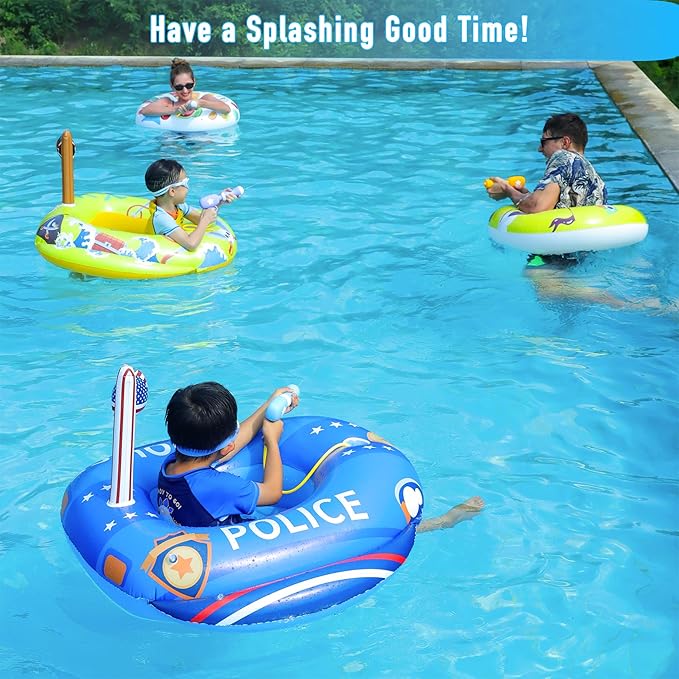 FindUWill 4 Pack Police Pirate Baby Inflatable Pool Floats, 2Pcs Pool Floats and 2 Pcs Water Guns for Kids, Inflatable Water Toys for Summer Fun(2 Patterns)
