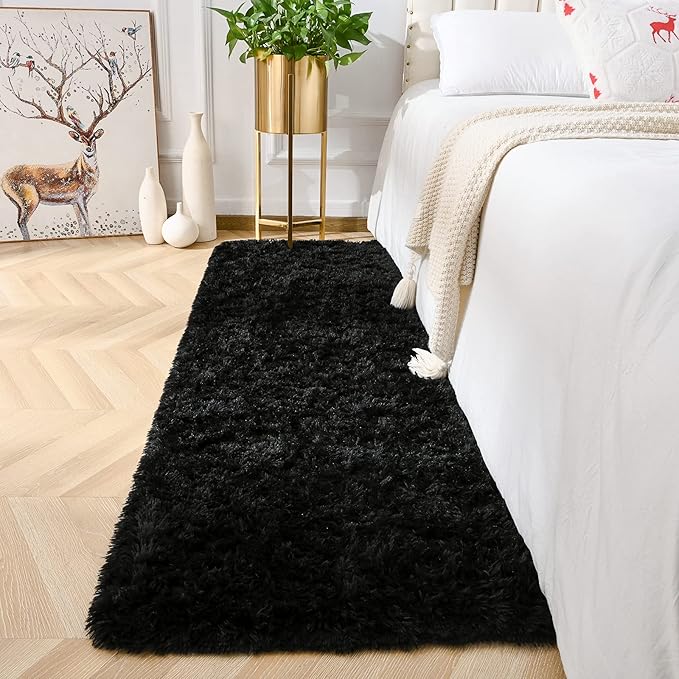 Amearea Shag Fluffy Area Rug for Bedroom Girls Living Room, Extra Soft and Fuzzy Shaggy Rugs, Non Slip, Solid Color Carpet Mat for Boys Nursery Home, Black 2x6 Feet