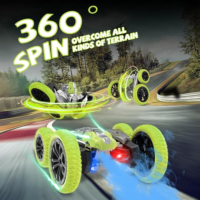 Remote Control Car, 360° Rotating RC Stunt Car with Lights and Spray, 2.4Ghz 4WD Double-Sided Driving RC Car Toys for Kids, Outdoor Dinosaur Truck Gift for Boys and Girls Age 4-7,8-12 (Green)