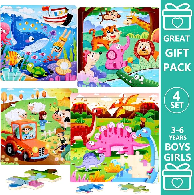 Wooden Puzzles for Kids Ages 2-4 Jigsaw Puzzles for Toddlers 3-5 - Animals Dinosaurs Ocean Farm Learning Travel Games and Travel Toys for 4-8 Year olds Boys and Girls