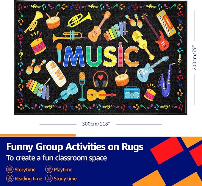 Music Classroom Rug Carpet 6'5"x10' Music Room Rug Kids Room Guitar Carpet Non Slip Washable Soft Black Classroom Playmat for Elementary, Preschool, Nursery, Playroom