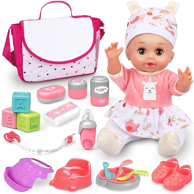 Baby Doll Care Set, Baby Doll Feeding Playset 20Pcs, Realistic Pretend Play Baby Dolls, Incl Baby Care Bag, Milk Bottle, Pacifier, Diaper, Clothes, B-day Gifts for Age 3 4 5 6+ Year Old Girls Kids