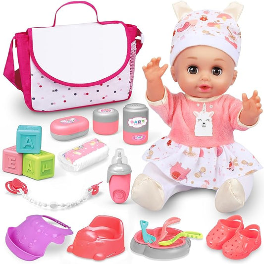 Baby Doll Care Set, Baby Doll Feeding Playset 20Pcs, Realistic Pretend Play Baby Dolls, Incl Baby Care Bag, Milk Bottle, Pacifier, Diaper, Clothes, B-day Gifts for Age 3 4 5 6+ Year Old Girls Kids